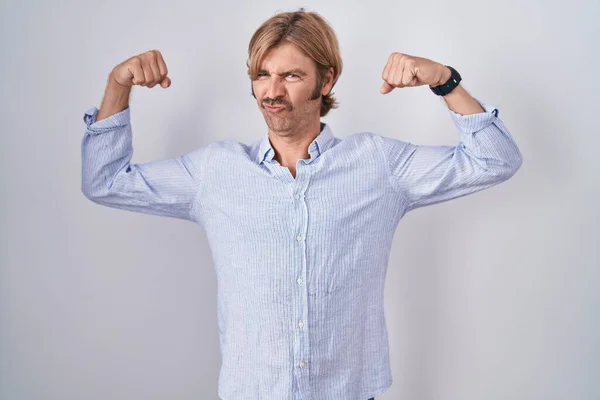Caucasian Man Mustache Standing White Background Showing Arms Muscles Smiling — Stock Photo, Image