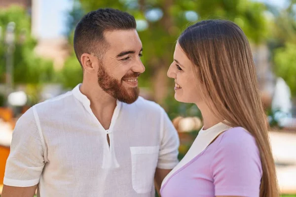 Man Woman Couple Smiling Confident Hugging Each Other Park — Stockfoto
