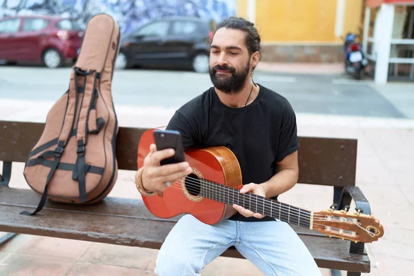 Young Hispanic Man Musician Holding Classical Guitar Make Selfie Smartphone —  Fotos de Stock