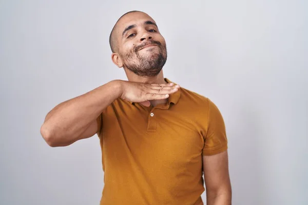 Hispanic Man Beard Standing White Background Cutting Throat Hand Knife — стоковое фото