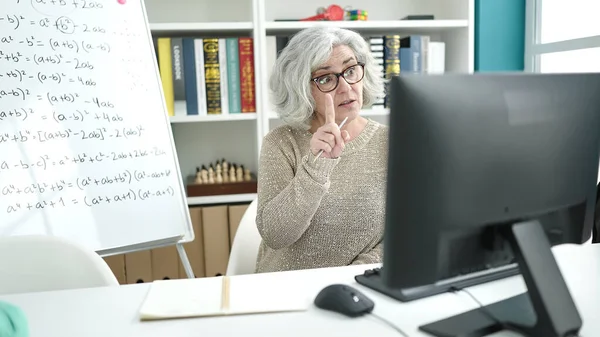 Middle Age Woman Grey Hair Teacher Teaching Online Maths Lesson — Stock Photo, Image