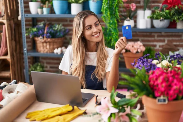 Young Blonde Woman Florist Using Laptop Credit Card Florist — Stok fotoğraf