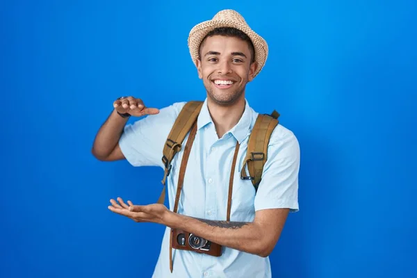 Brazilian Young Man Holding Vintage Camera Gesturing Hands Showing Big — Stock Photo, Image