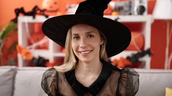 Young Blonde Woman Wearing Witch Costume Having Halloween Party Home — ストック写真