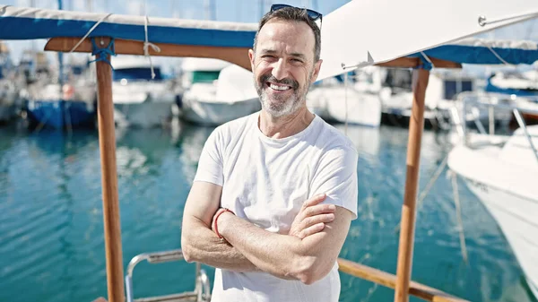 Middle Age Man Smiling Confident Standing Arms Crossed Gesture Boat — Stock Photo, Image