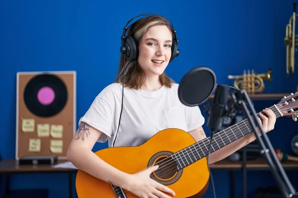 Young Woman Musician Singing Song Playing Classical Guitar Music Studio — Foto Stock