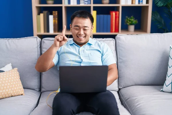 Chinese Young Man Using Computer Laptop Sitting Sofa Smiling Idea — Stock Photo, Image
