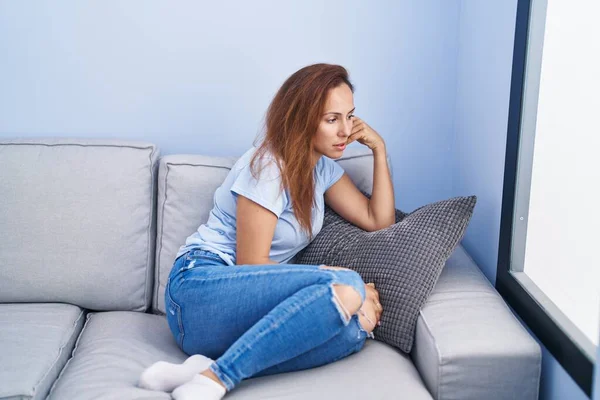 Young Woman Stressed Sitting Sofa Home — 图库照片