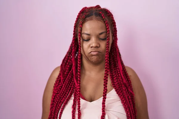 African American Woman Braided Hair Standing Pink Background Depressed Worry — Stockfoto