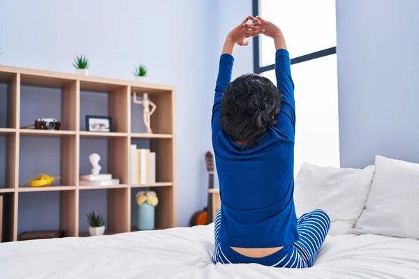 Young Latin Woman Waking Stretching Arms Bedroom — Stock Photo, Image