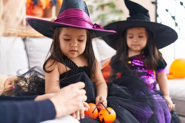 Adorable Twin Girls Having Halloween Party Drawing Hand Home — Stock Photo, Image