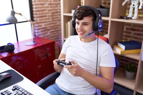 Non Binary Man Streamer Playing Video Game Using Joystick Gaming — 스톡 사진