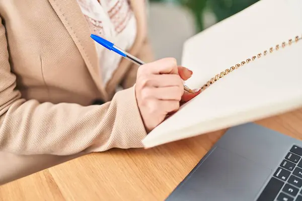 Young Blonde Woman Business Worker Writing Notebook Working Office — Stok fotoğraf
