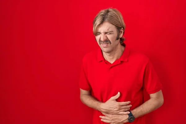 Caucasian Man Mustache Standing Red Background Hand Stomach Because Indigestion — Stock Photo, Image