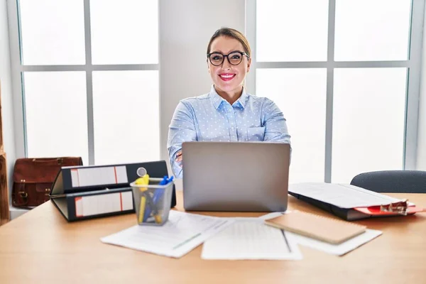 Young Hispanic Woman Working Office Wearing Glasses Happy Face Smiling — Fotografia de Stock