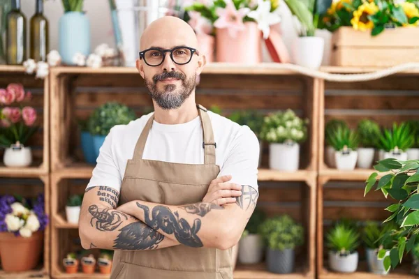 Young Bald Man Florist Smiling Confident Standing Arms Crossed Gesture — Stock Fotó