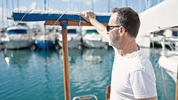Middle Age Man Standing Serious Expression Boat — Stock Photo, Image