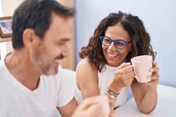 Man Woman Couple Drinking Coffee Sitting Table Home — Stock Photo, Image