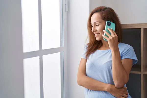 Young Woman Smiling Confident Talking Smartphone Home — Photo