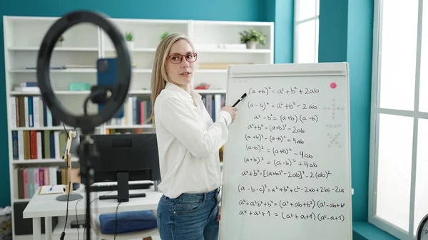 Young Blonde Woman Teacher Explaining Online Maths Exercise Library University — Stok fotoğraf