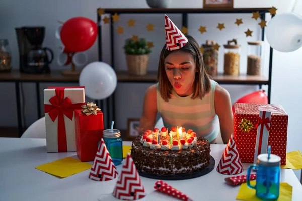 Young Beautiful Hispanic Woman Celebrating Birthday Blowing Candle Home — Foto de Stock