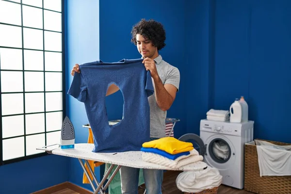 Hispanic Man Curly Hair Ironing Holding Burned Iron Shirt Laundry — Stock Photo, Image