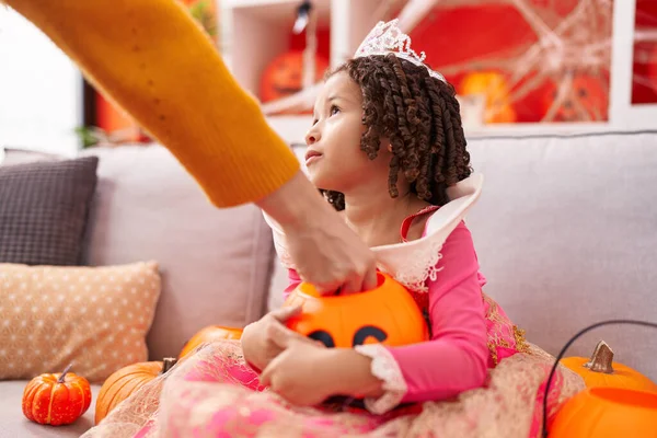 African American Girl Wearing Princess Costume Holding Pumpkin Basket Home — Stock Photo, Image