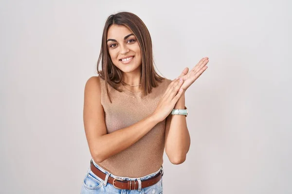 Young Hispanic Woman Standing White Background Clapping Applauding Happy Joyful — Stock Photo, Image
