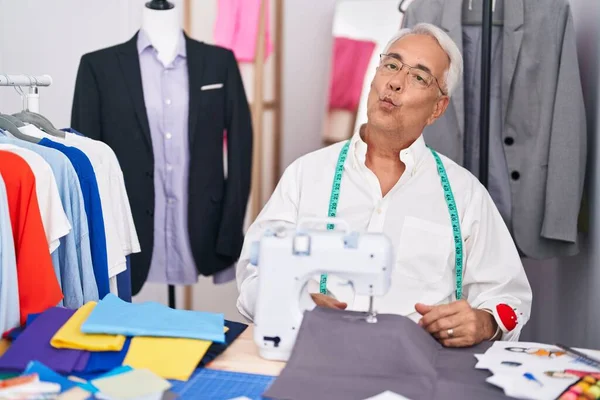 Middle Age Man Grey Hair Dressmaker Using Sewing Machine Making — Stock Photo, Image