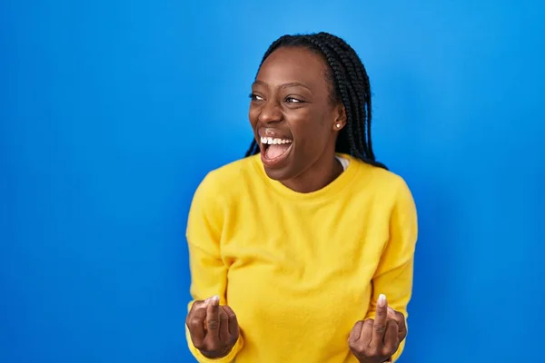Beautiful Black Woman Standing Blue Background Showing Middle Finger Doing — стоковое фото