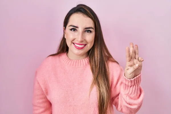 Young Hispanic Woman Standing Pink Background Showing Pointing Fingers Number — Stock Photo, Image