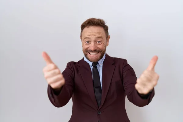 턱수염을 기르고 넥타이를 손으로 긍정적 행동을 승인하는 사업가가 웃으며 성공을 — 스톡 사진