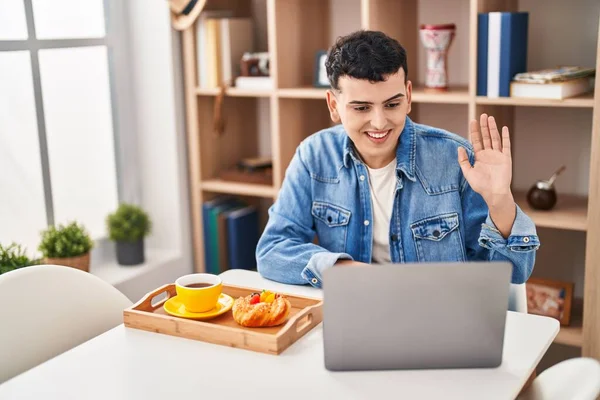 Young Non Binary Man Having Video Call Breakfast Home — Stock Photo, Image