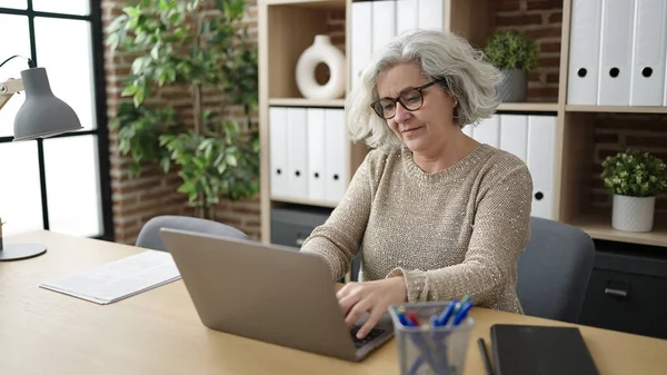 使用笔记本电脑在办公室工作的中年妇女与灰发商人 — 图库照片