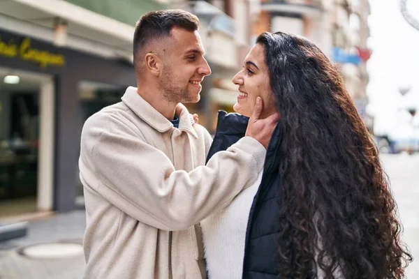 Man Woman Couple Smiling Confident Standing Together Street — Fotografia de Stock