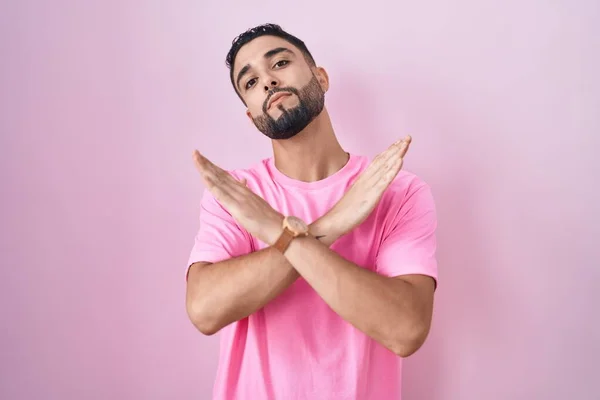 Hispanic Young Man Standing Pink Background Rejection Expression Crossing Arms — Stock Photo, Image