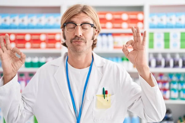 Caucasian Man Mustache Working Pharmacy Drugstore Relax Smiling Eyes Closed — Stock Photo, Image