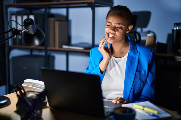 Beautiful African American Woman Working Office Night Touching Mouth Hand — Stock Photo, Image