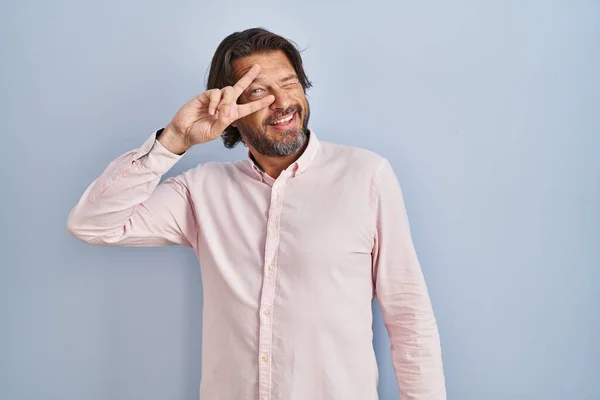 Handsome Middle Age Man Wearing Elegant Shirt Background Doing Peace — Zdjęcie stockowe