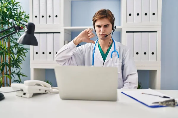 Young Doctor Man Working Online Appointment Angry Face Negative Sign — Stock Photo, Image