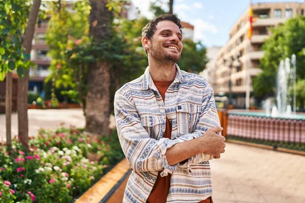 Young Hispanic Man Smiling Confident Standing Arms Crossed Gesture Park — Stockfoto