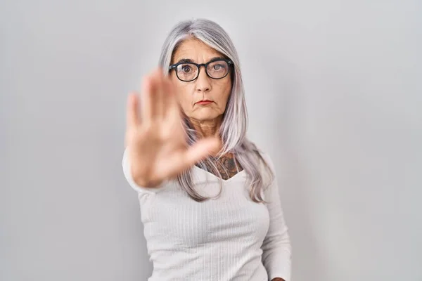 Middle Age Woman Grey Hair Standing White Background Doing Stop — Stock Photo, Image
