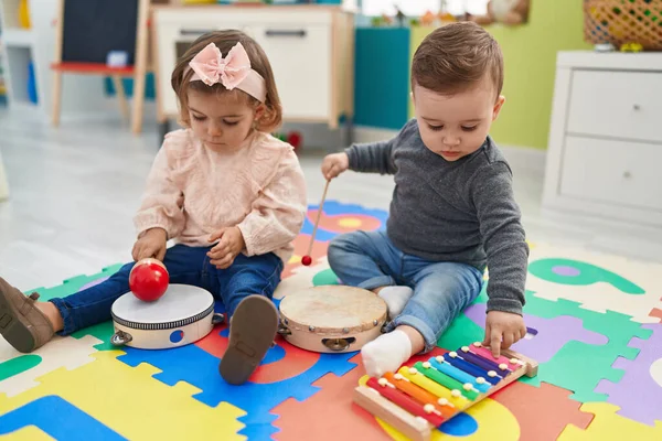 Adorable Boy Girl Playing Xylophone Tambourine Kindergarten — Stock Photo, Image