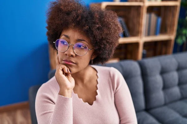 African American Woman Stressed Sitting Sofa Home — Stock Photo, Image