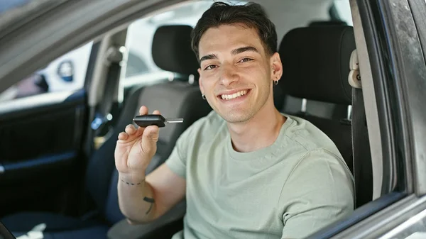 Young Hispanic Man Smiling Confident Holding Key New Car Street — 스톡 사진