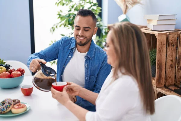 Man Woman Mother Son Drinking Coffee Home — Stock Photo, Image