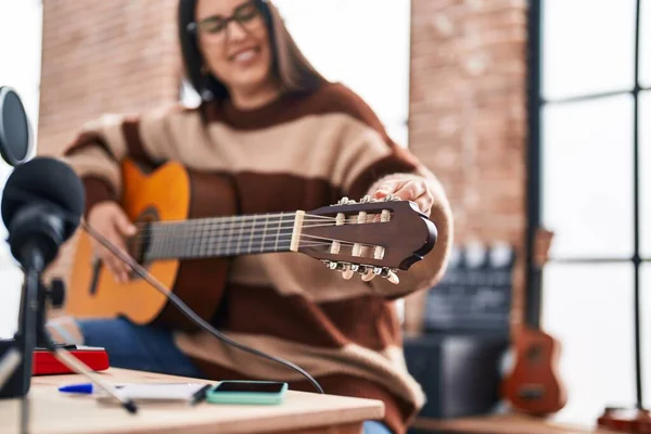 Young Hispanic Woman Musician Playing Spanish Guitar Music Studio — Foto de Stock