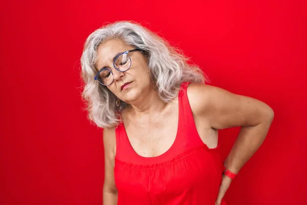 Middle Age Woman Grey Hair Standing Red Background Suffering Backache — Stock Photo, Image