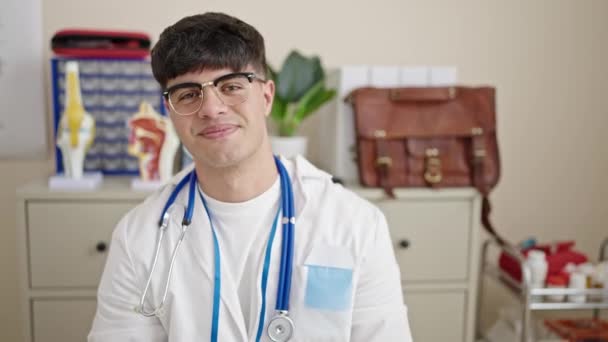 Молодий Іспаномовний Лікар Посміхається Робити Жест Серця Руками Клініці — стокове відео
