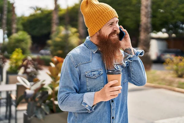 Young Redhead Man Talking Smartphone Drinking Coffee Street — Photo